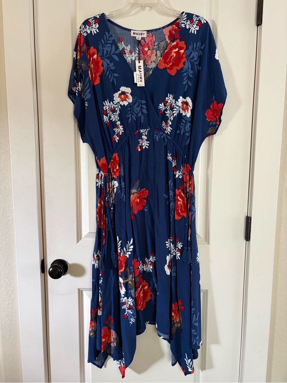 Mauby Navy Floral High-Low Dress with Red and White Blooms